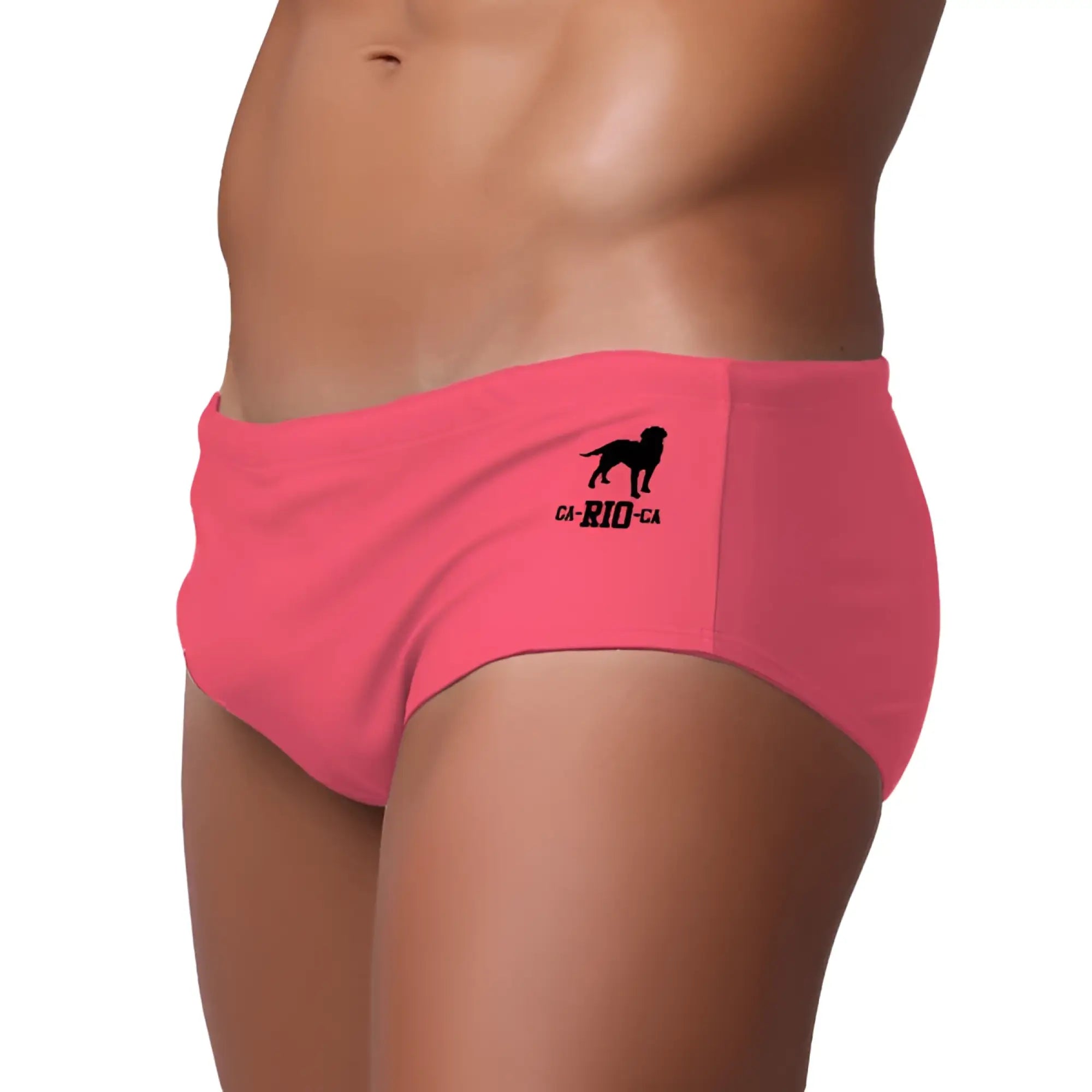 Bright pink men’s swimming sunga with black dog silhouette and ca-rio-ca text perfect for beachwear