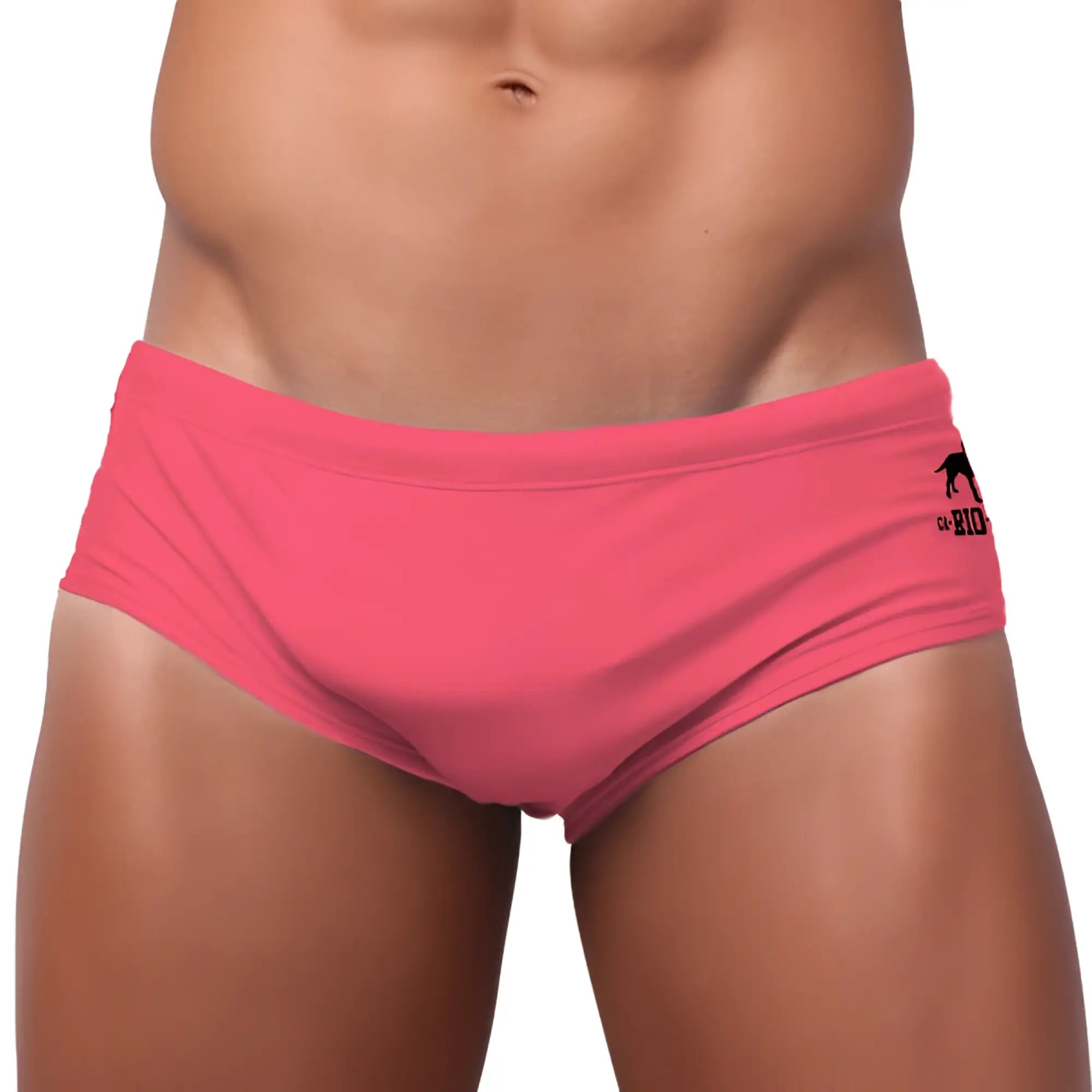 Bright pink men’s swimming sunga with black logo on waistband ideal for beachwear