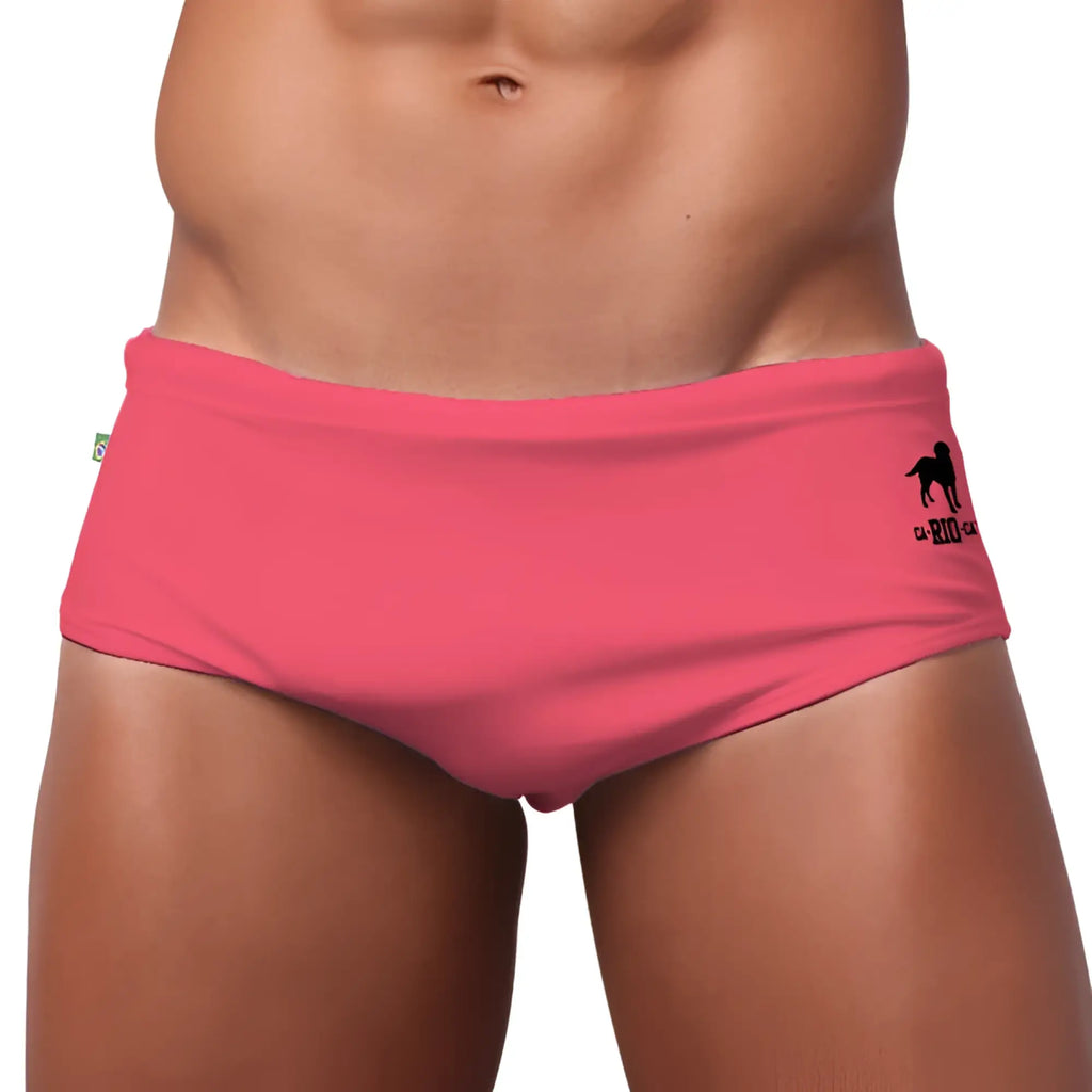 Pink pop men’s swimming sunga in bright pink with a black dog logo and ca-200 text for beachwear use