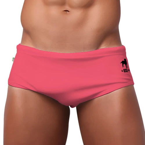 Pink pop men’s swimming sunga in bright pink with a black dog logo and ca-200 text for beachwear use