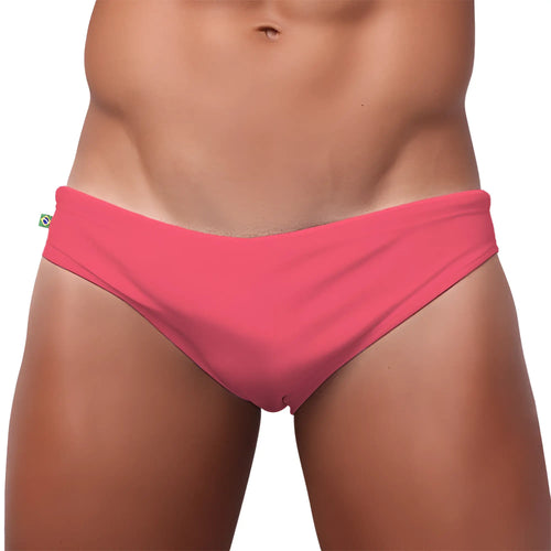 Bright pink men’s swimming sunga with smooth stretchy fabric and brazilian flag tag perfect for beachwear