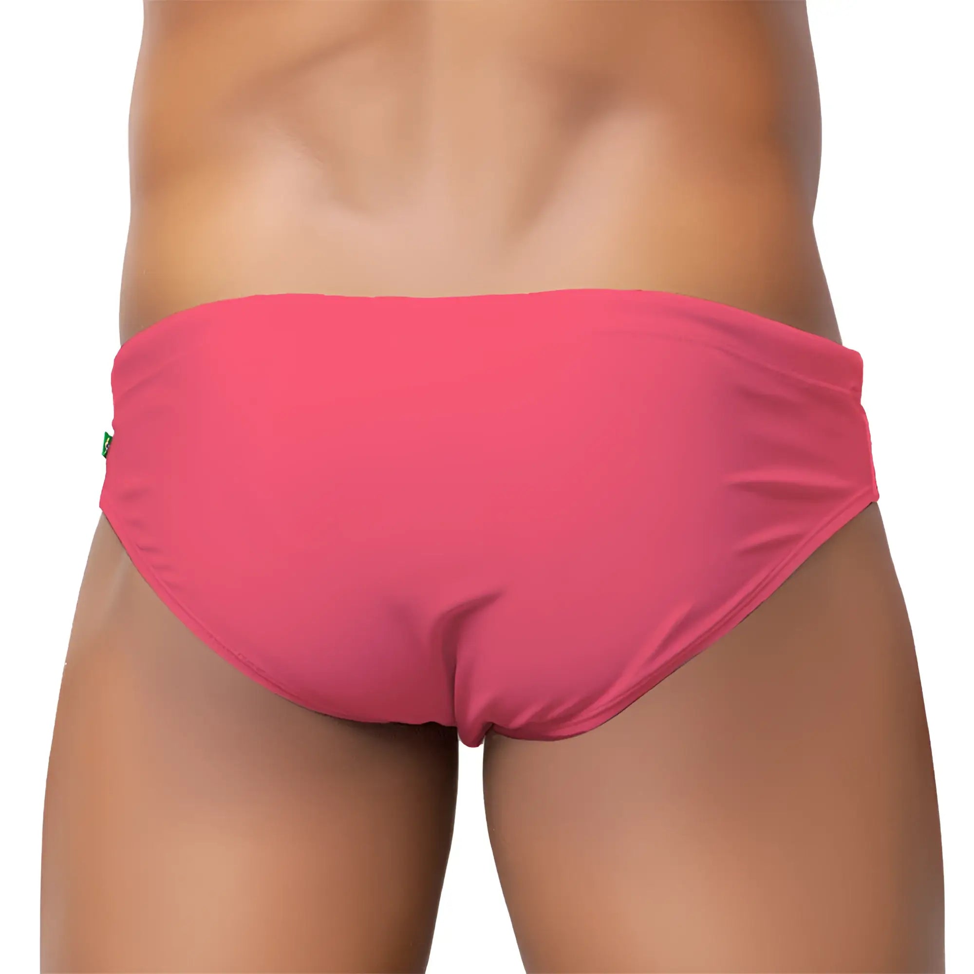Bright pink men’s swimming sunga with smooth stretchy fabric and classic cut for beachwear