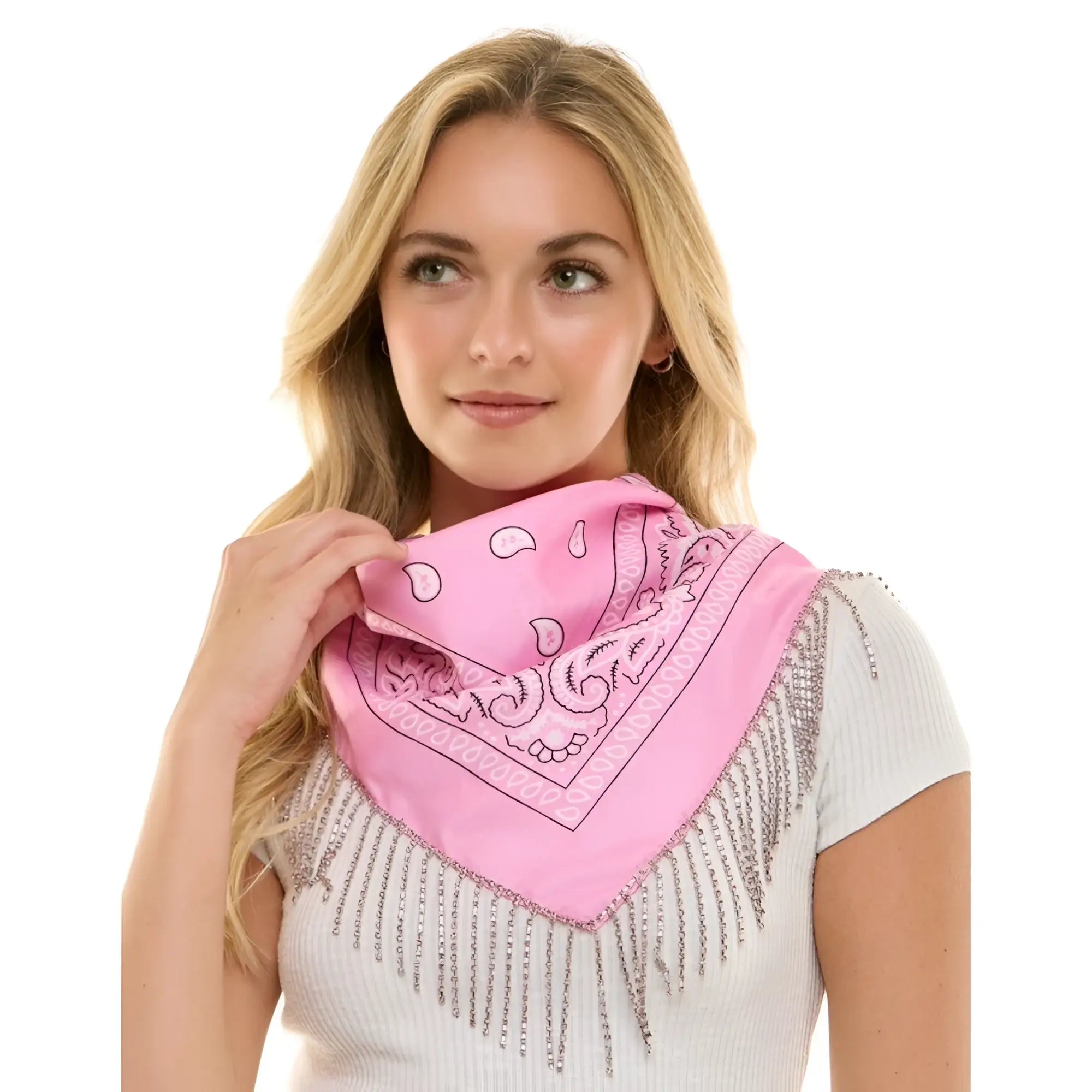 Pink rhinestone fringe bandana featuring a pink bandana with white paisley and scrollwork pattern edged in silver fringe