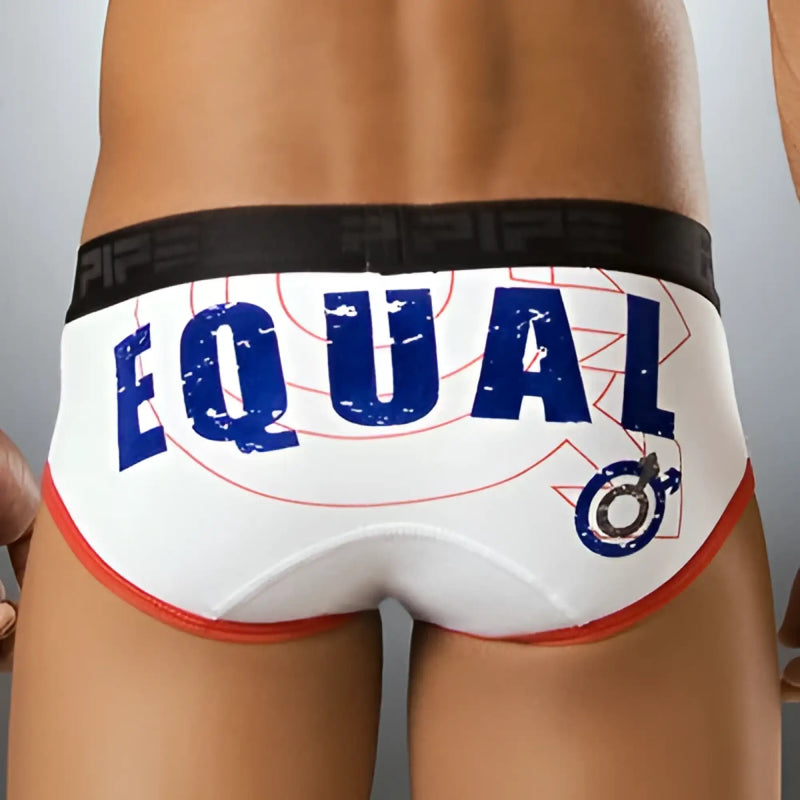 White briefs size s with bold blue equal lettering red trim and black elastic waistband branded PIPE BS1003