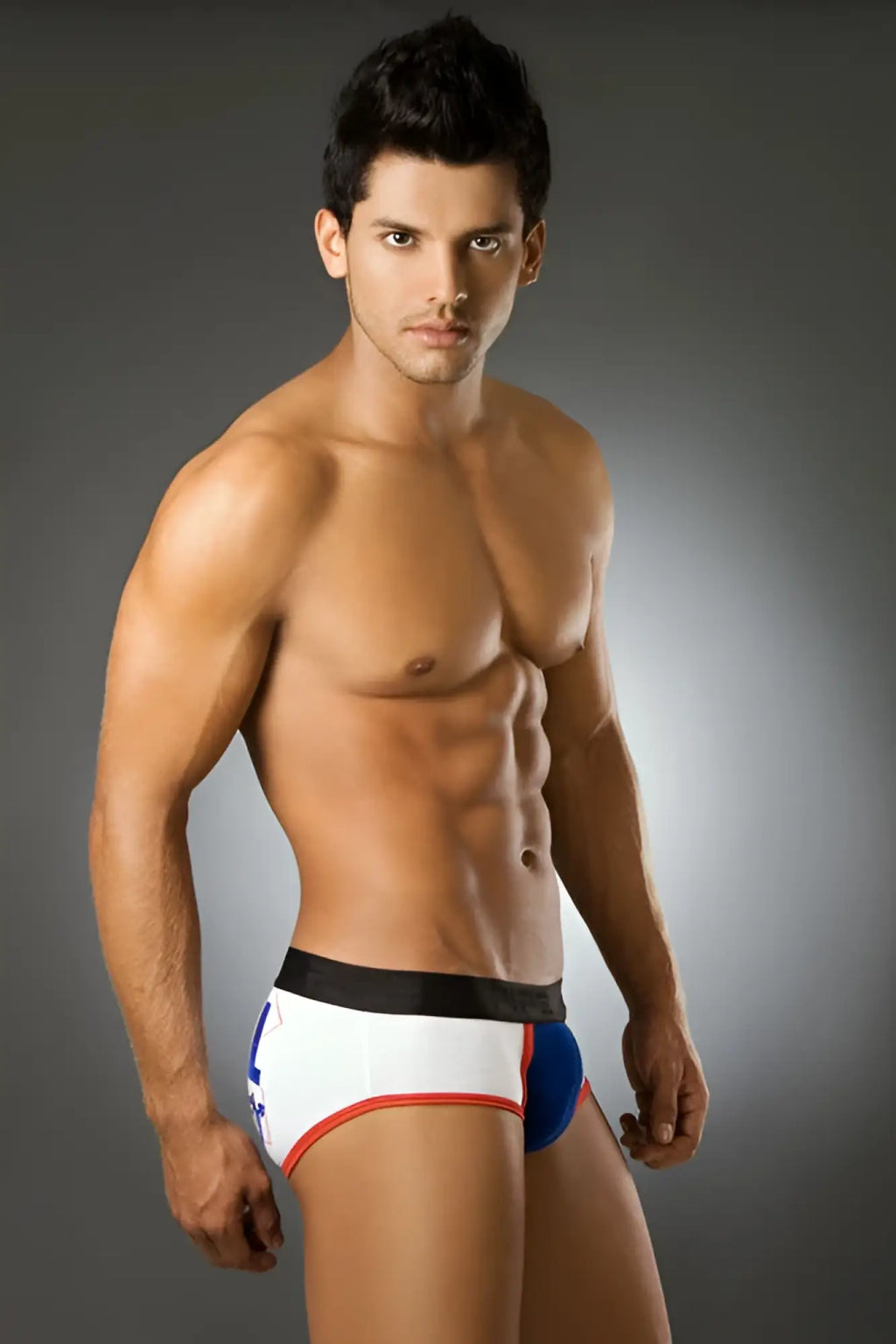 White red and blue athletic PIPE Equal Brief underwear BS1003 with black waistband size S shown from the back