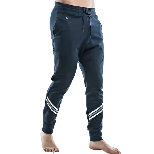 Dark navy pistol pete ppd005 jogger pants with white diagonal stripes and logo on the upper left thigh