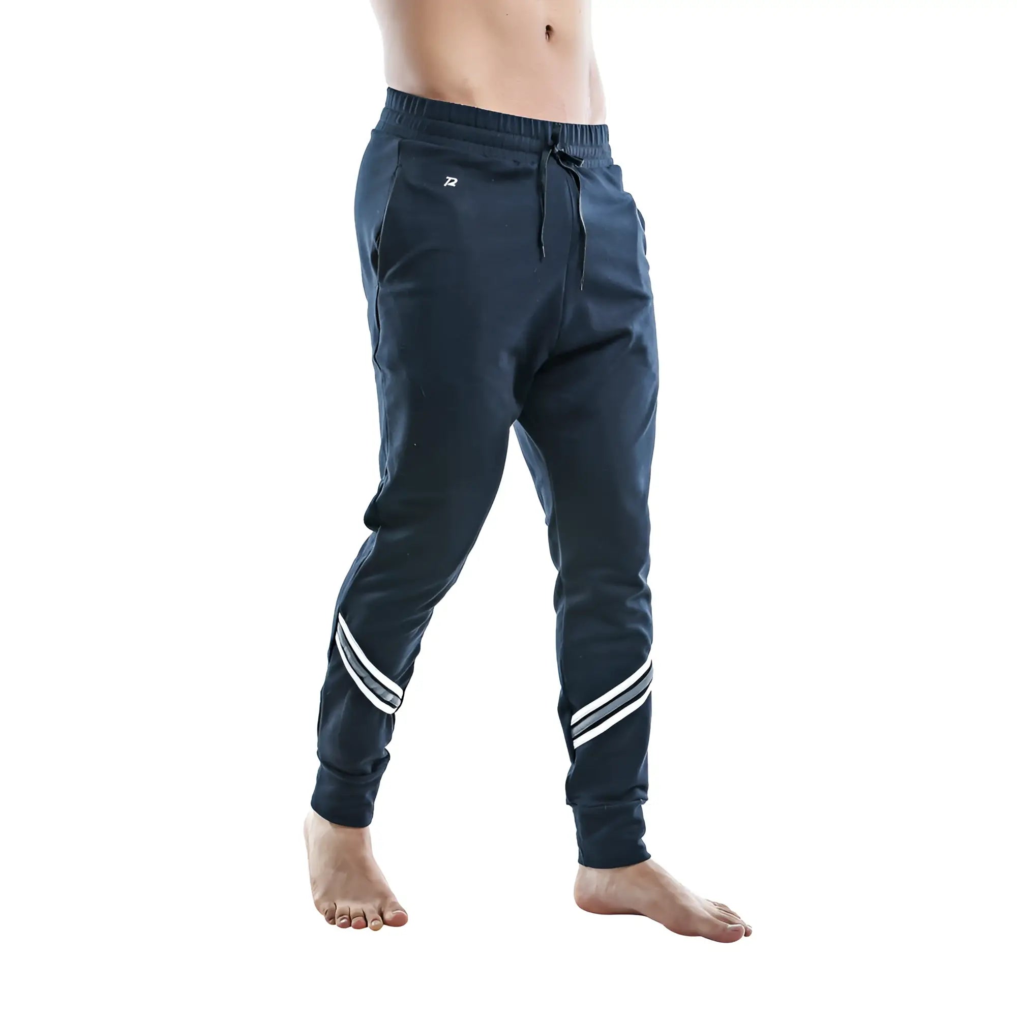 Dark navy pistol pete ppd005 jogger pants with white diagonal stripes and small logo on upper left thigh