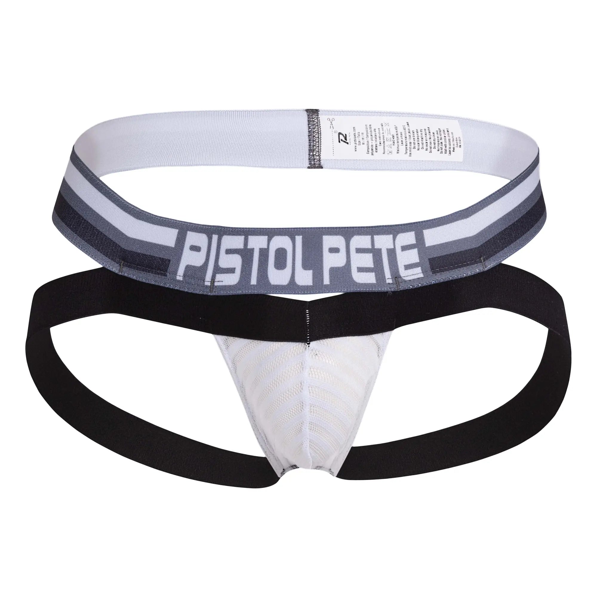 Black and white mesh thong jockstrap with pistol pete branding on waistband for comfortable support