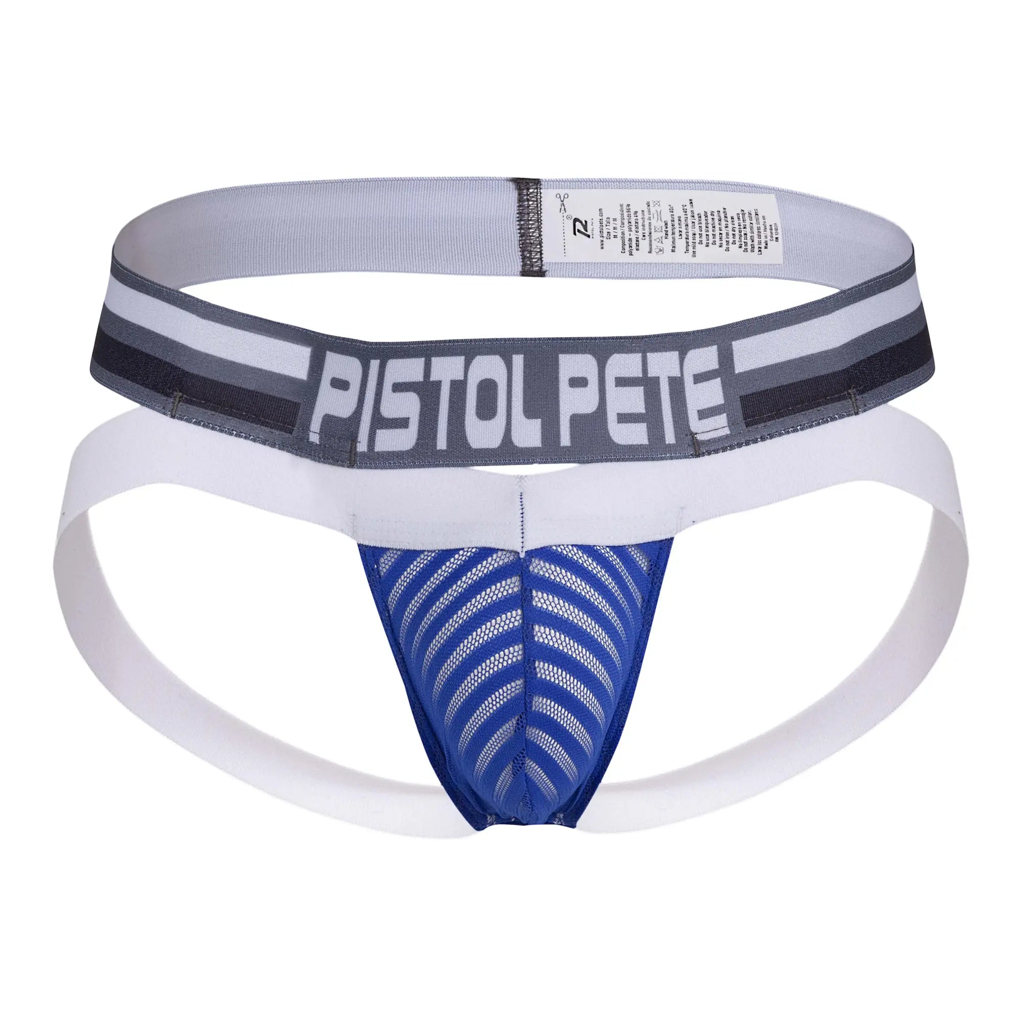 Blue and white mesh athletic brief with pistol pete branded waistband from pistol pete ppe007 jockstrap collection
