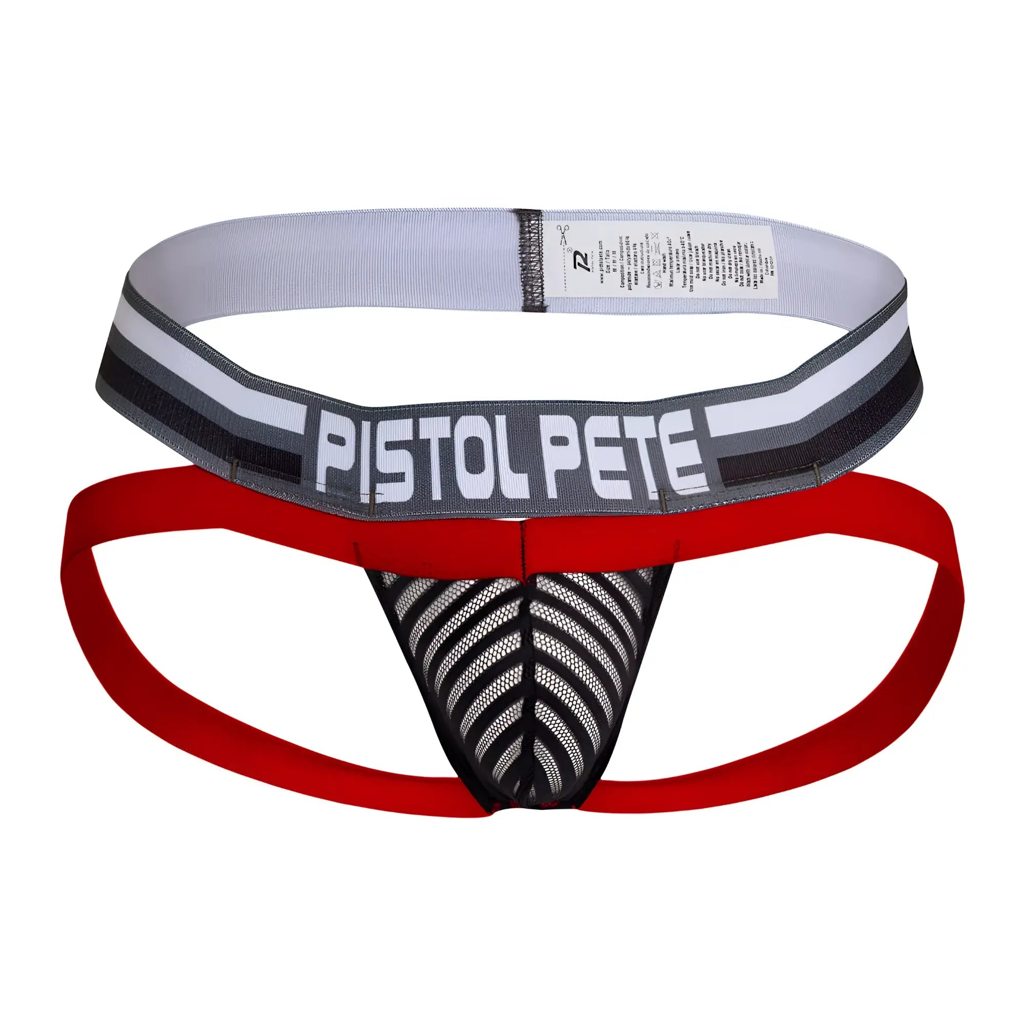 Red and black mesh athletic briefs with gray waistband featuring pistol pete logo from pistol pete ppe007 jockstrap