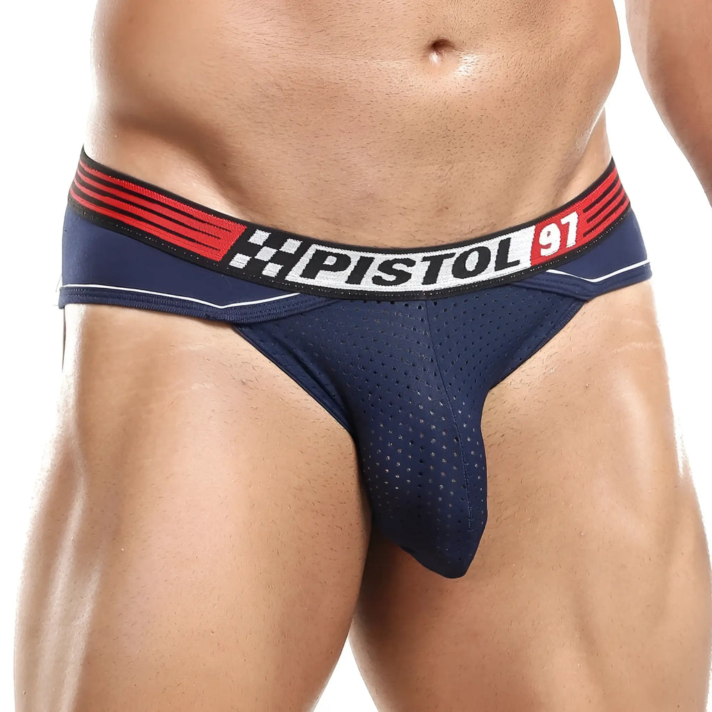 Navy blue perforated cotton briefs with red and white striped pistol pete pistol 91 waistband in jockstrap style