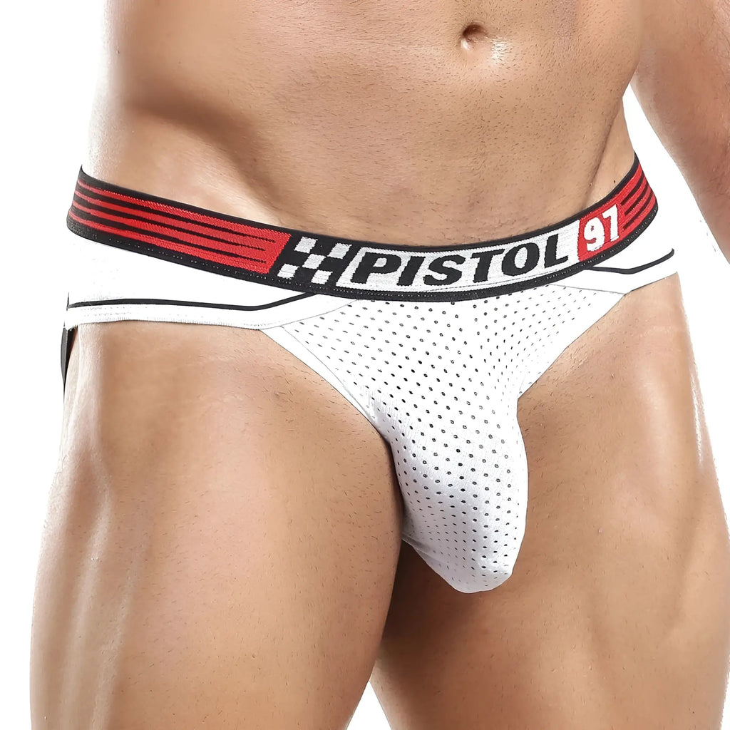 Pistol Pete PPE011 jockstrap with white perforated fabric briefs and a red black elastic waistband with pistol 91 logo