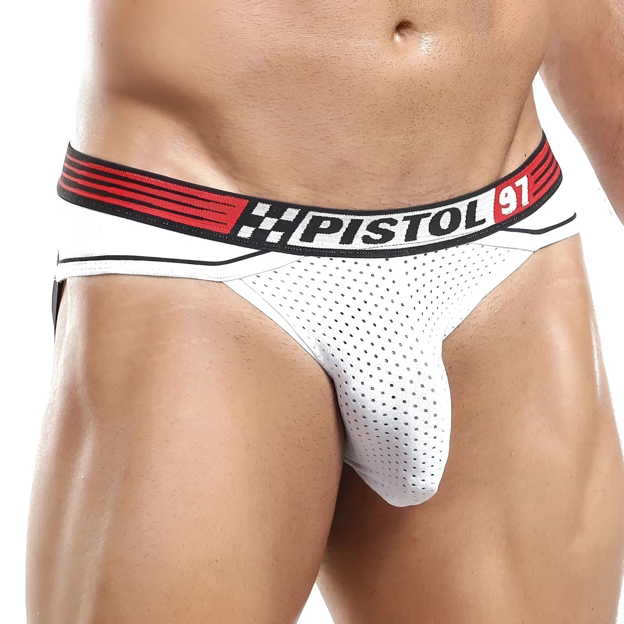 Pistol Pete PPE011 jockstrap with white perforated fabric briefs and a red black elastic waistband with pistol 91 logo