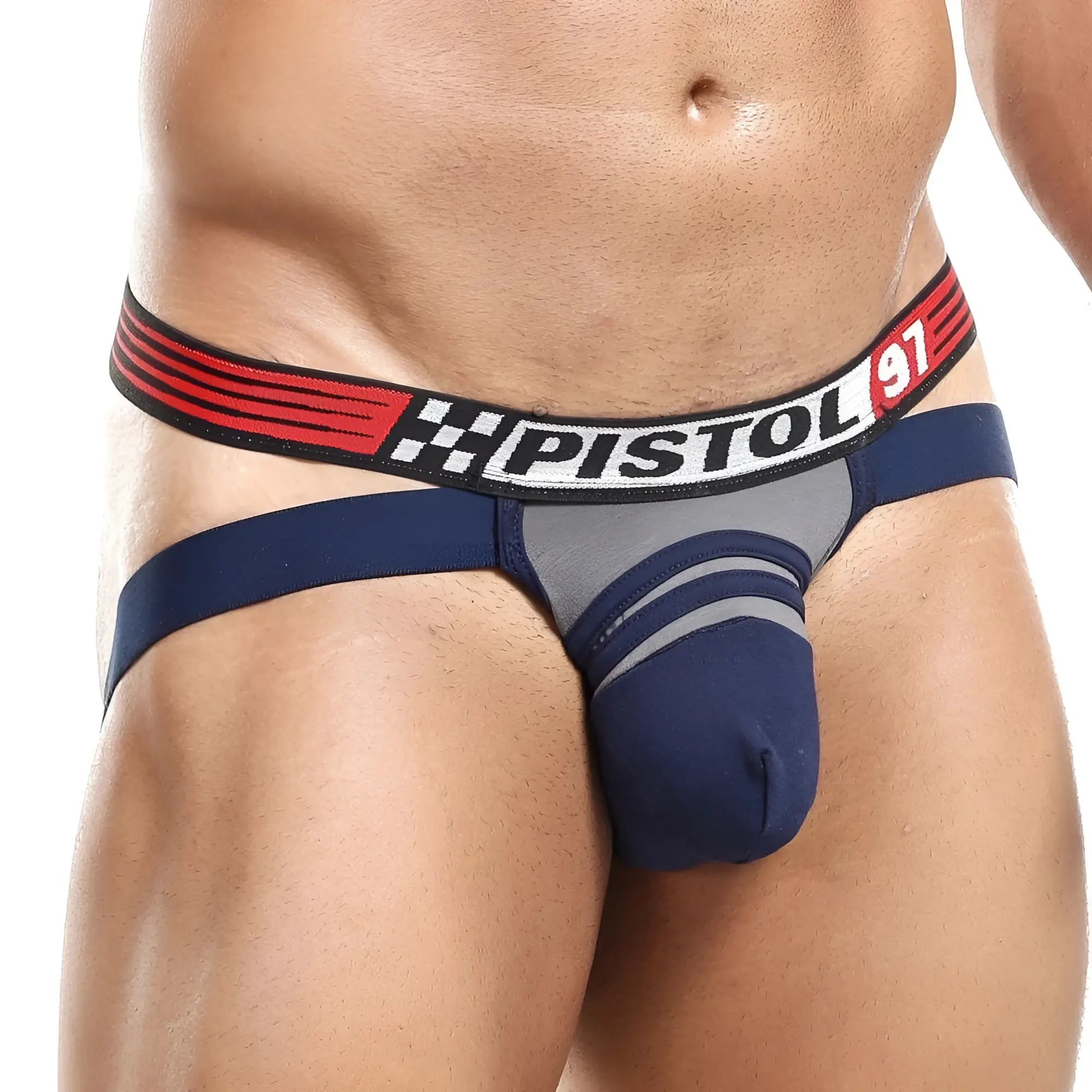 Navy blue and gray athletic jockstrap with red black and white pistol pete branded waistband ppe012 model