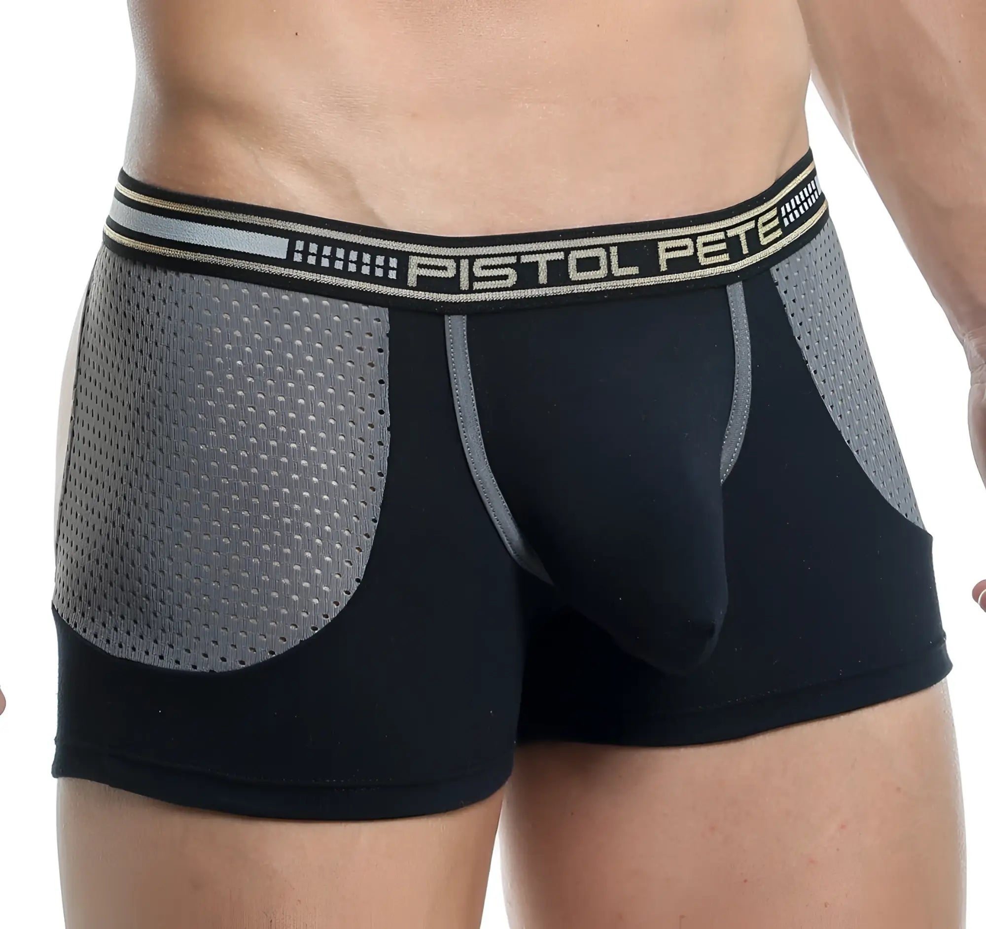 Black and gray mesh-paneled boxer briefs with branded pistol pete waistband showing the back side view