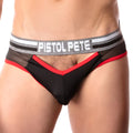 Black and red mesh briefs with gray waistband featuring pistol pete logo in white from pistol pete PPE021 jockstrap