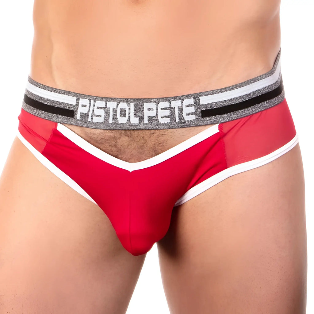 Red men’s briefs with gray black and white striped waistband featuring pistol pete logo from pistol pete ppe021 jockstrap