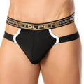 Black and white athletic briefs with a gold pistol pete logo on the waistband from pistol pete ppe022 jockstrap collection
