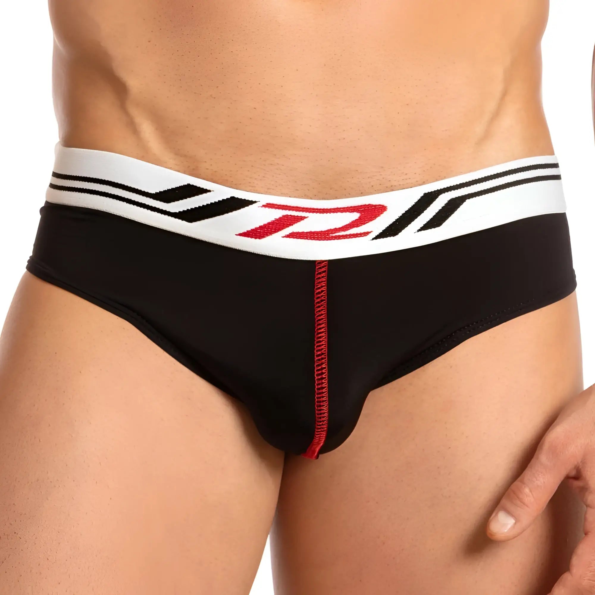 Pistol pete ppe026 brief jock black men’s briefs with white waistband black and red stripes and red zipper front