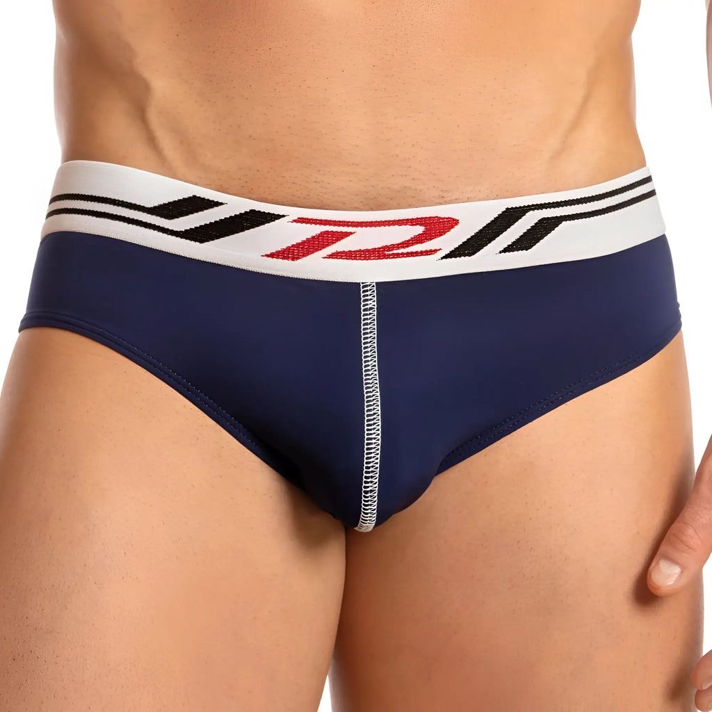 Navy blue men’s briefs with a white waistband featuring black and red Pistol Pete branding stripes PPE026 brief jock