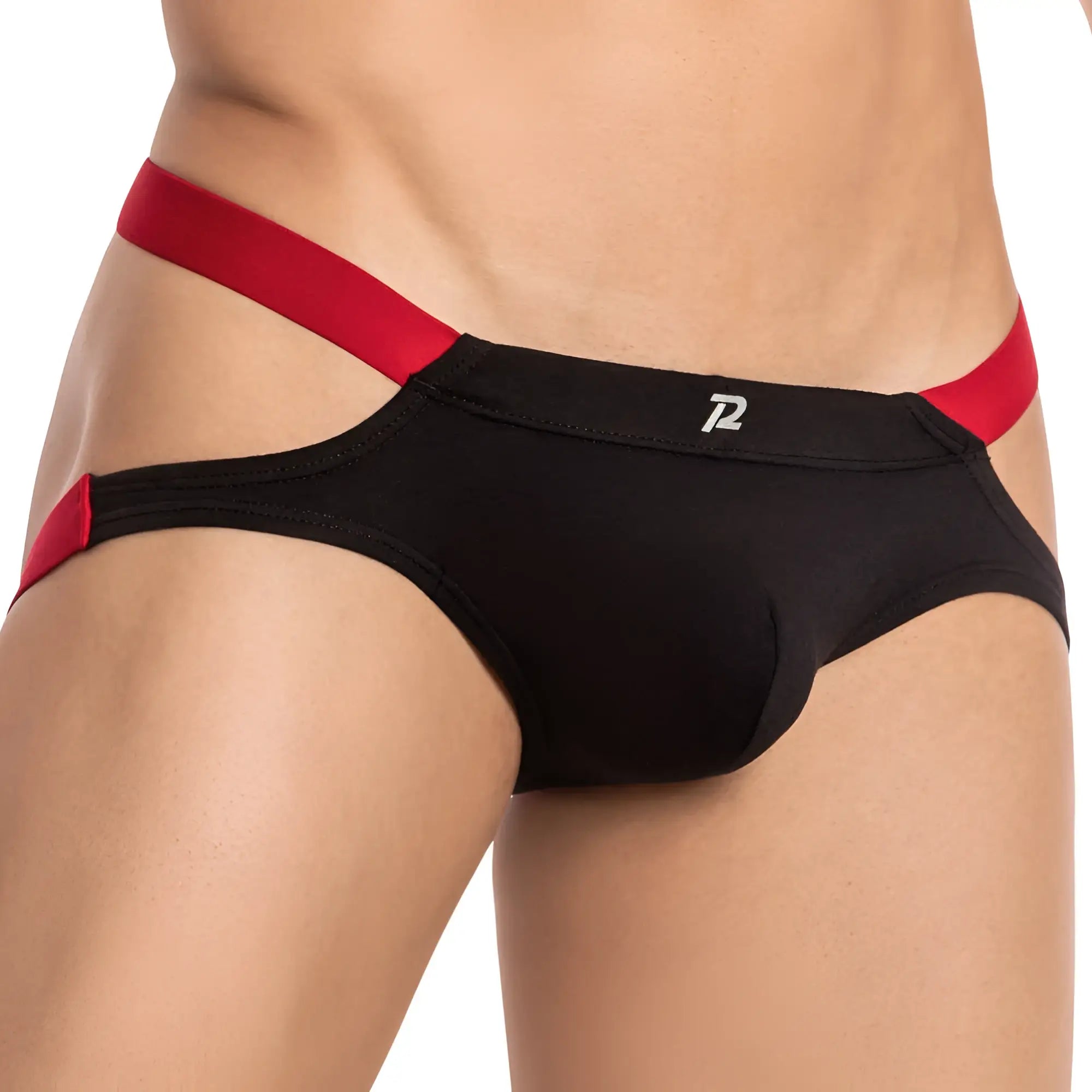 Pistol Pete PPE030 jockstrap men’s briefs in black with red bold side straps and sleek form-fitting design