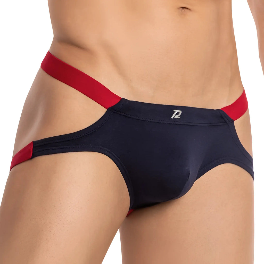 Navy blue and red pistol pete PPE030 jockstrap briefs with a distinctive cutout design for men