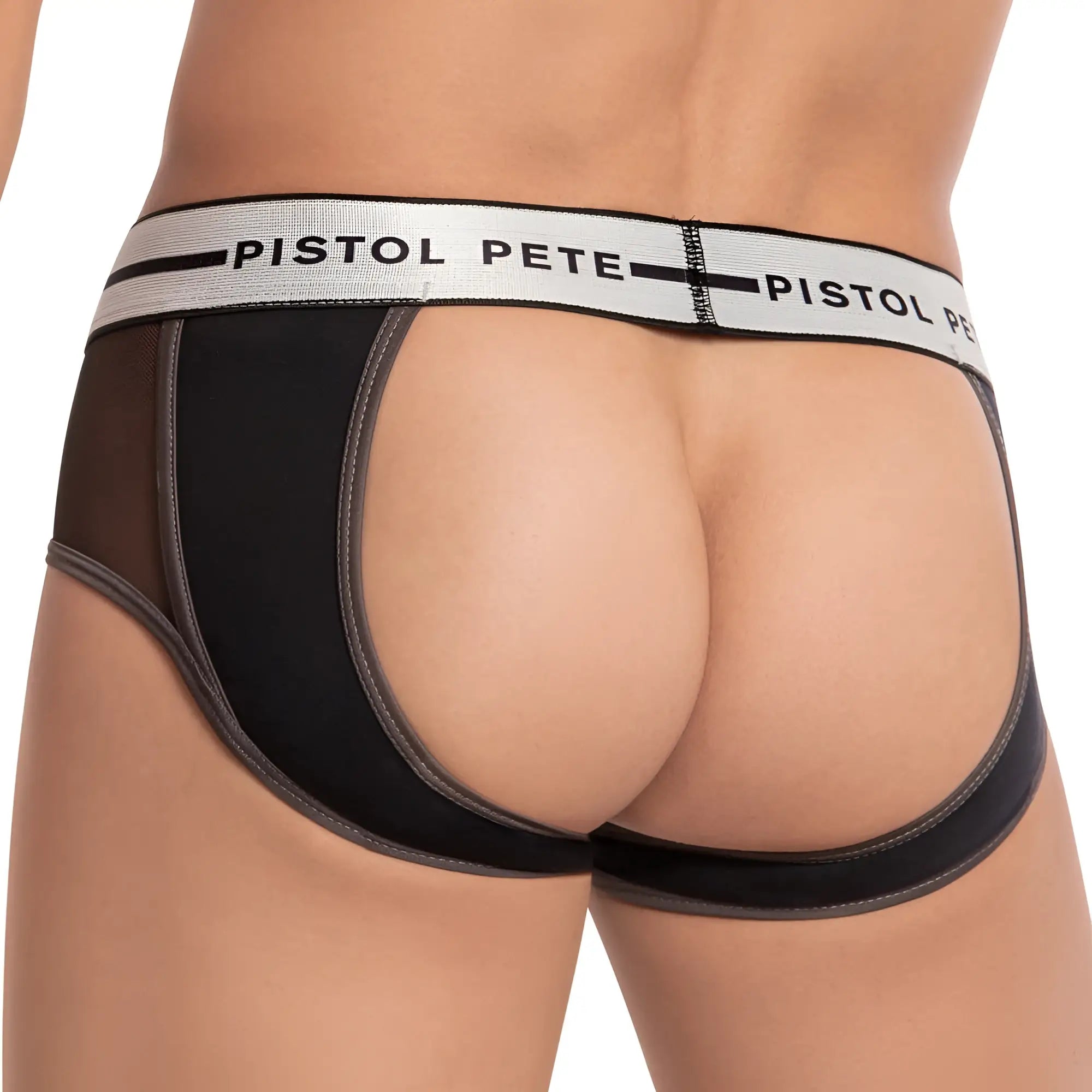 Black and gray mesh briefs with white elastic waistband featuring pistol pete branding from pistol pete PPE031 jockstrap