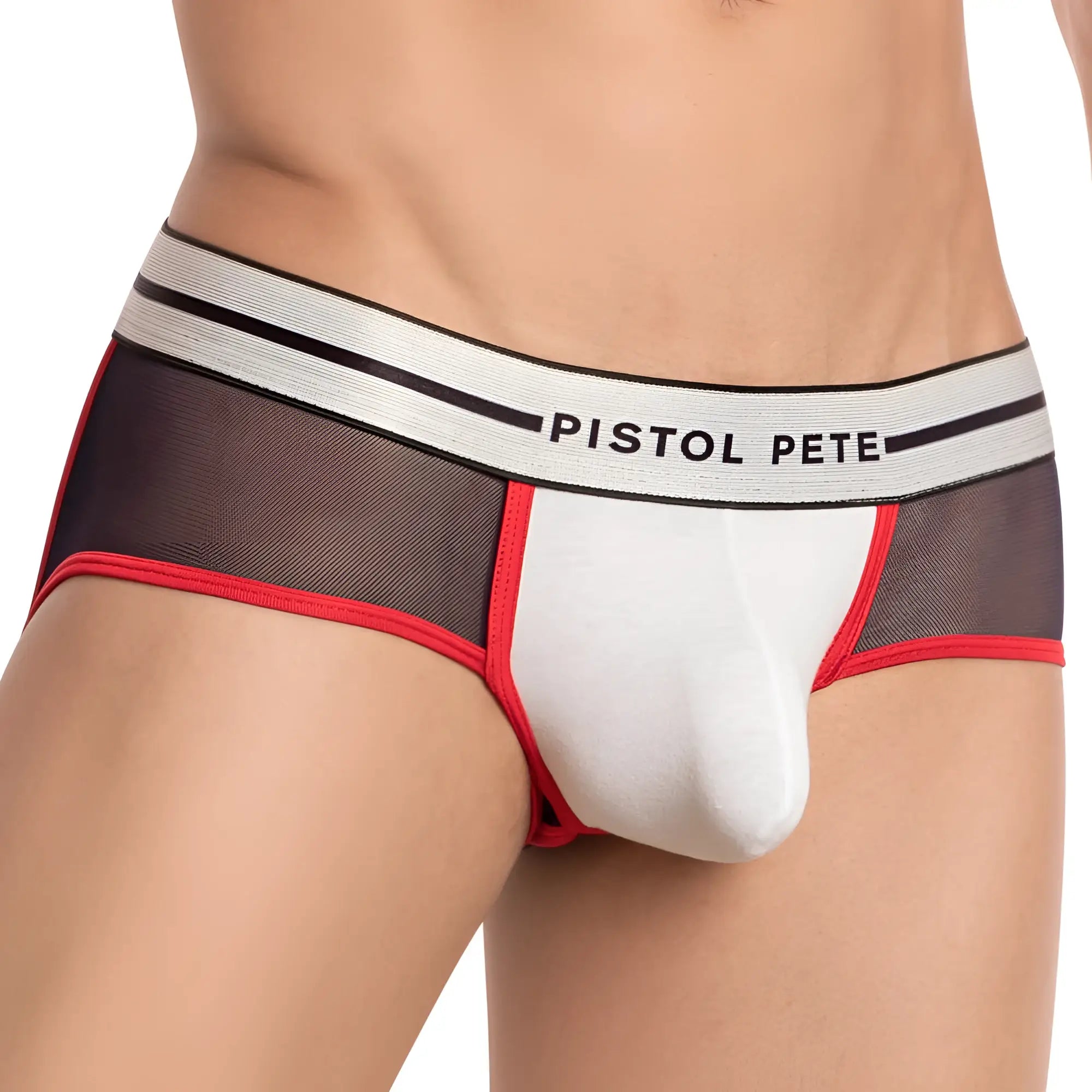 White and black mesh briefs with red trim and pistol pete waistband in the pistol pete PPE031 jockstrap design