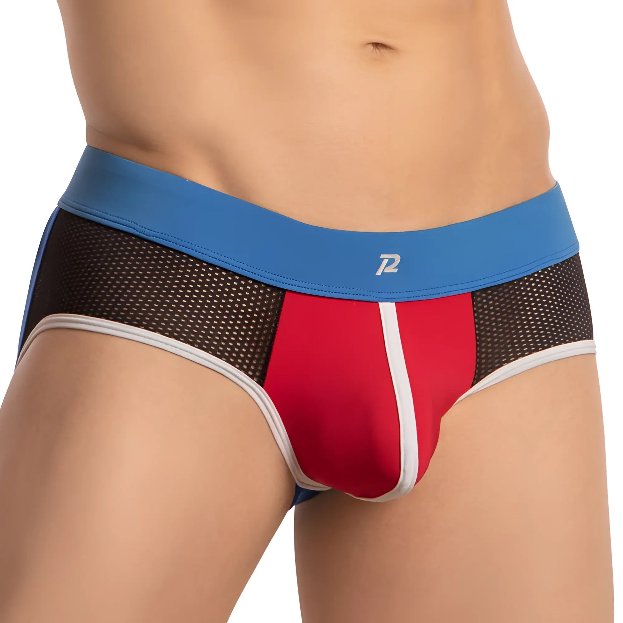 Red and black mesh briefs with blue waistband and p logo from pistol pete ppe034 jockstrap in front view