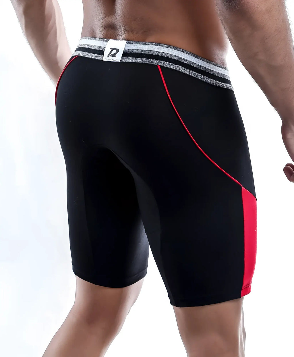 Black pistol pete ppg013 boxer trunk shorts with red side panels gray-striped waistband and white logo
