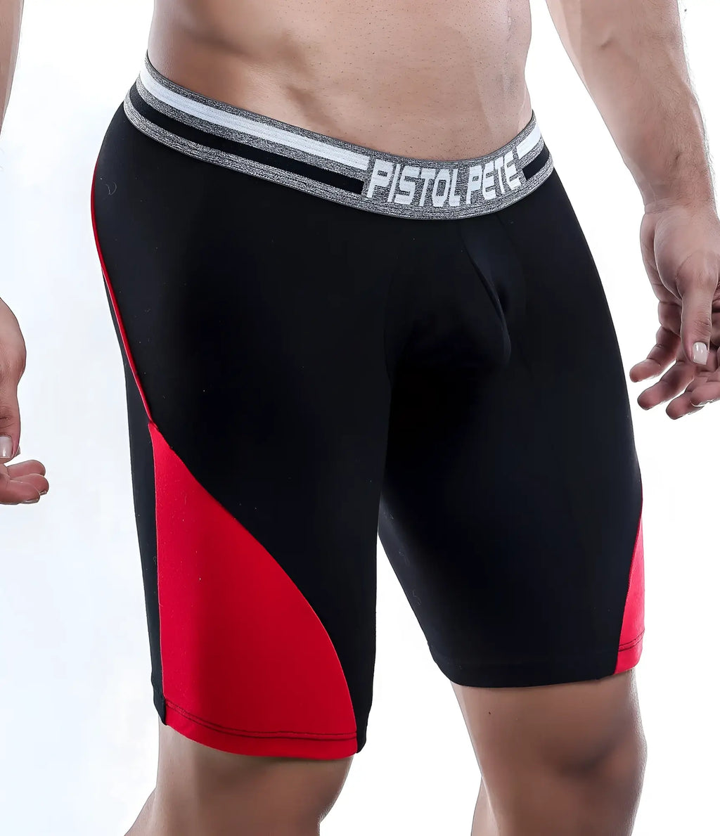 Black and red athletic boxer trunk with gray striped waistband featuring pistol peter brand name ppg013 model