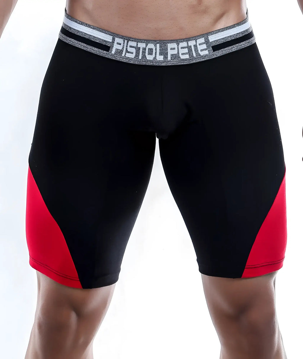 Black and red Pistol Pete PPG013 boxer trunk shorts with gray waistband featuring Pistol Pete logo for athletic use