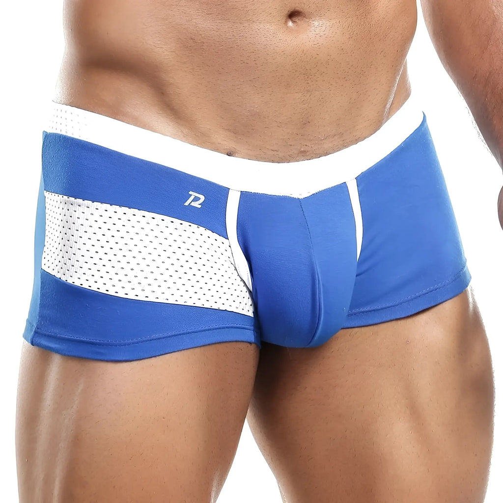 Blue pistol pete ppg015 boxer trunk briefs with white mesh panel trim and subtle 72 logo on waistband