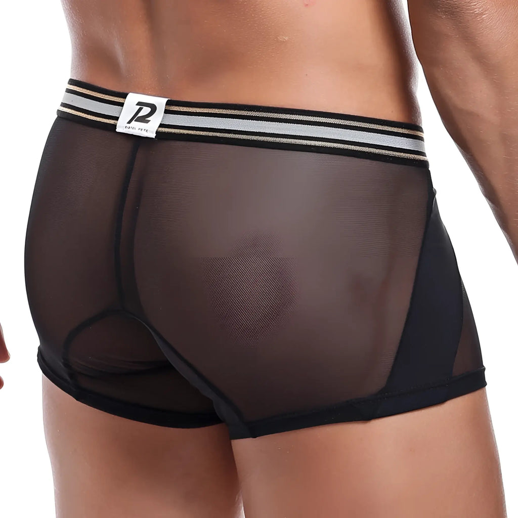 Black mesh pistol pete ppg022 boxer trunk with striped waistband and p logo for comfortable support