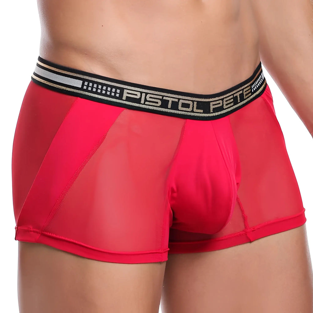 Red mesh boxer briefs with a black and silver elastic waistband featuring the pistol pete brand name model ppg022