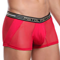 Red mesh boxer briefs with a black and silver elastic waistband featuring the pistol pete brand name model ppg022