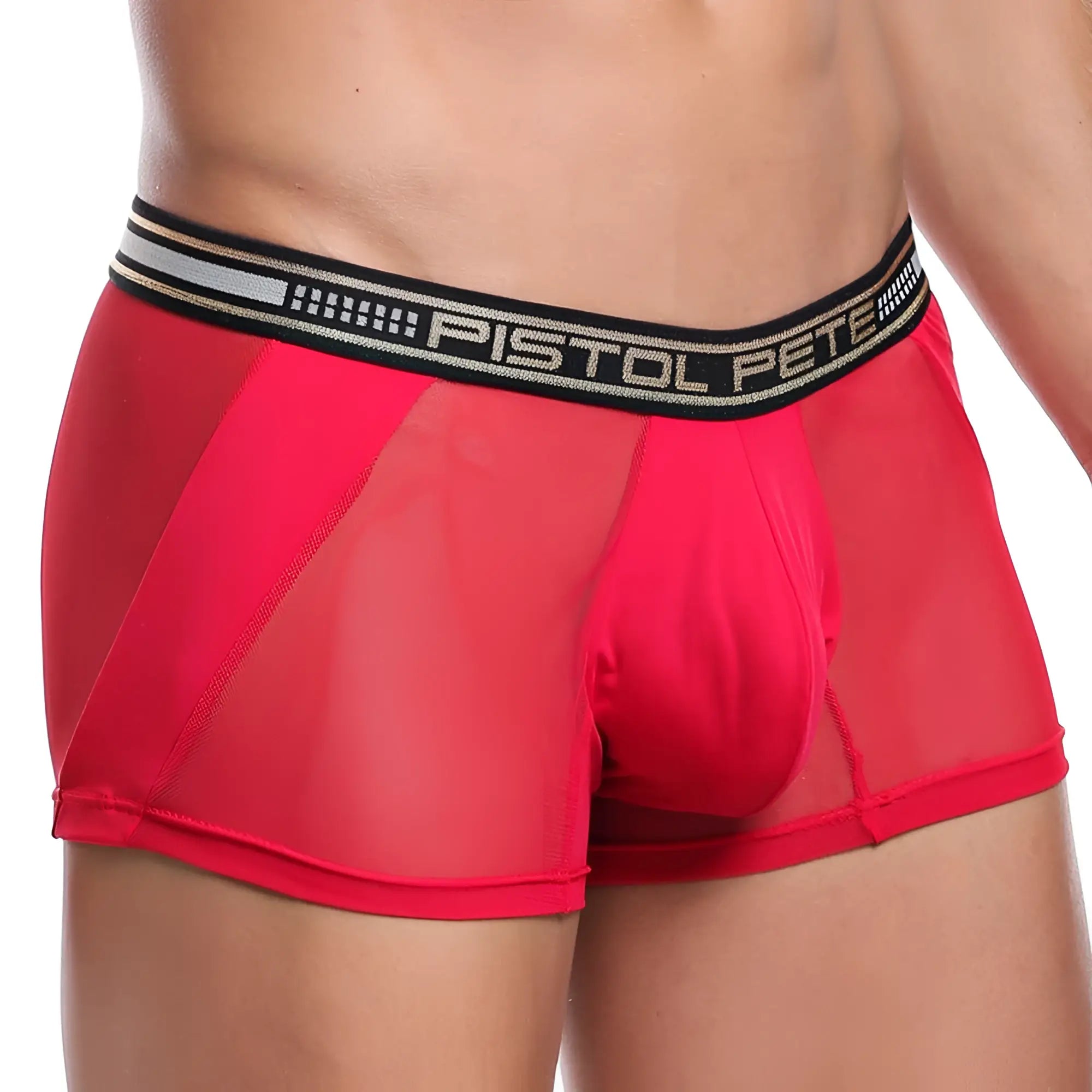Red mesh boxer briefs with a black and silver elastic waistband featuring the pistol pete brand name model ppg022