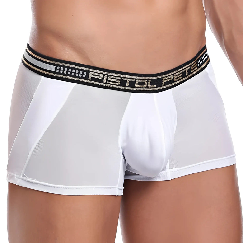 White mesh boxer briefs with black elastic waistband featuring pistol pete logo in gold lettering