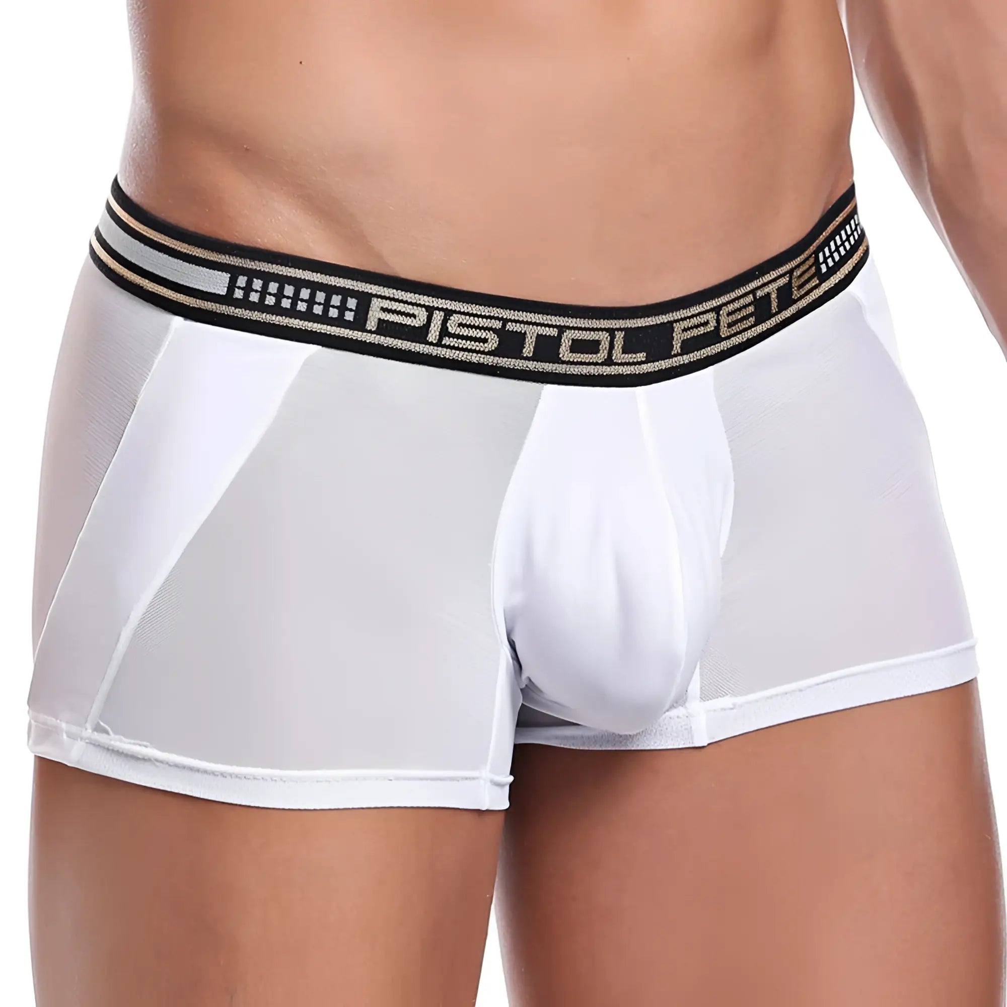 White mesh boxer briefs with black elastic waistband featuring pistol pete logo in gold lettering pistol pete ppg022 boxer trunk