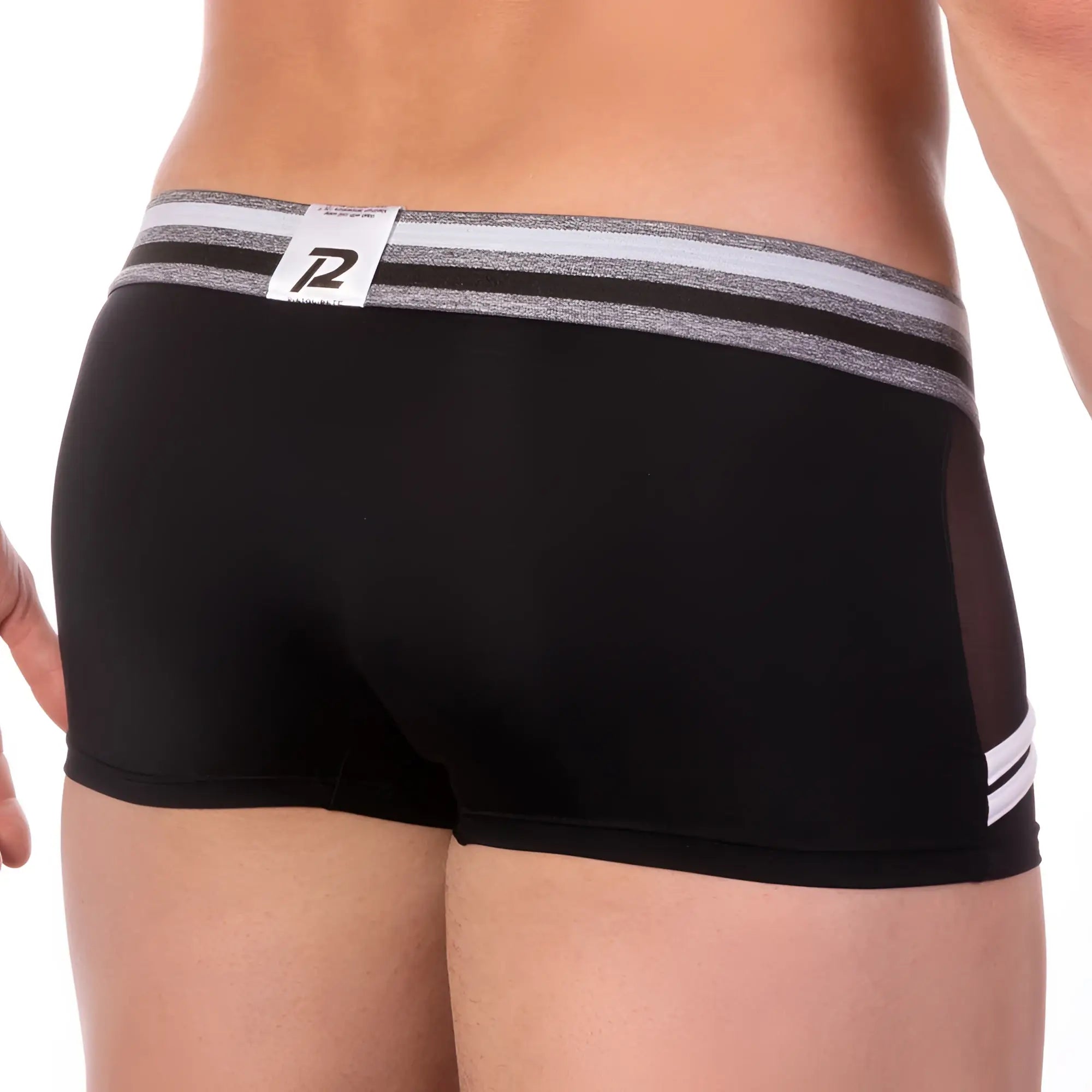 Black men’s Pistol Pete PPG026 no hit boxer briefs with gray white striped waistband mesh side panels and white leg stripes