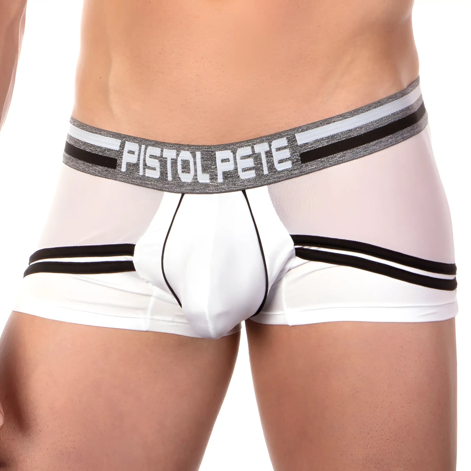 White men’s boxer briefs with black stripes and gray waistband featuring pistol pete logo model PPG026 no hit boxer brief