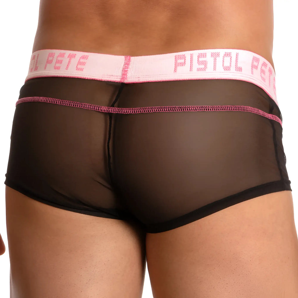 Black sheer mesh briefs with pink trim and white waistband featuring pistol pete logo pink lettering pistol pete ppg031 sheer joy trunk