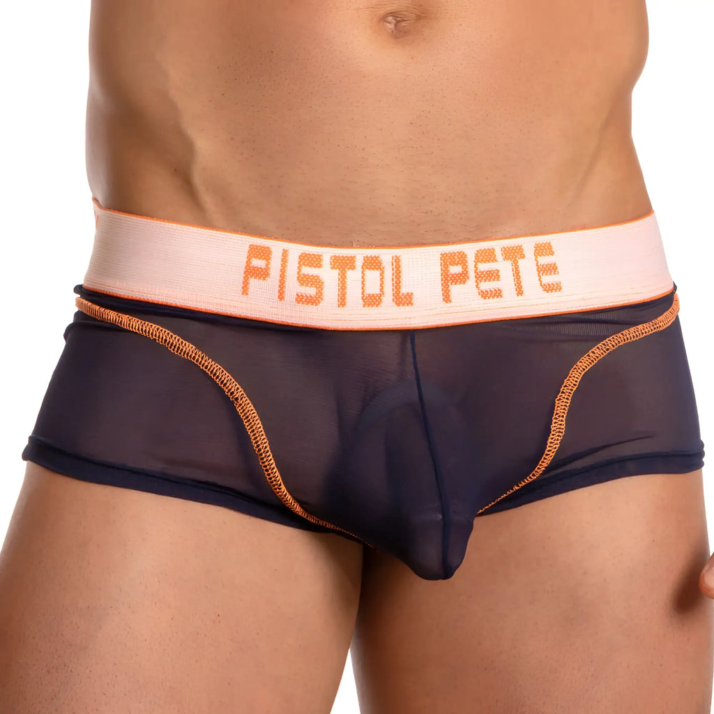 Navy blue sheer mesh briefs with orange stitching and a peach waistband featuring pistol pete lettering by pistol pete