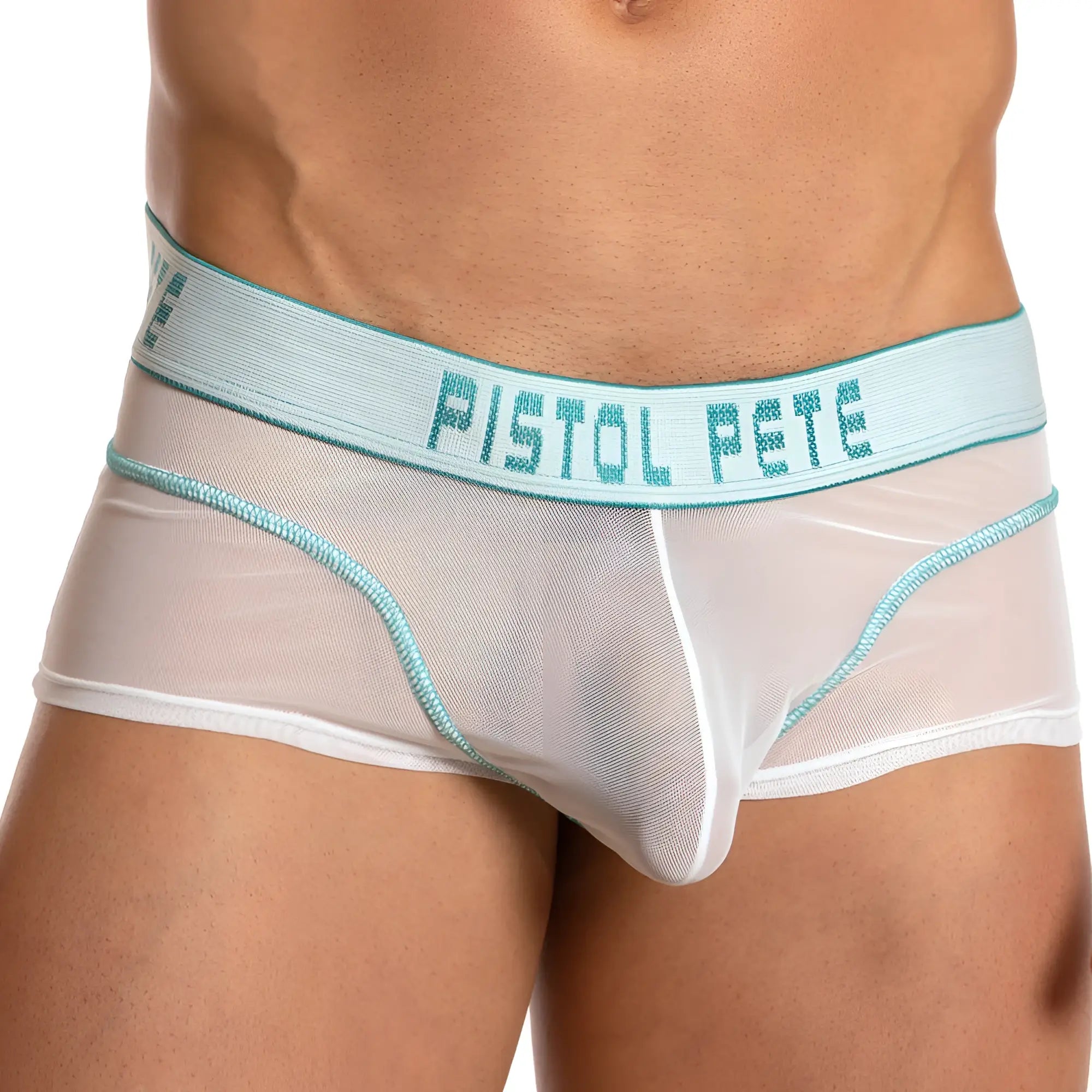 White mesh briefs with teal trim and pistol pete branding on waistband from pistol pete ppg031 sheer joy trunk collection