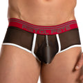 Black mesh briefs with red and gray pistol pete branded waistband in sheer trunk style PPG032