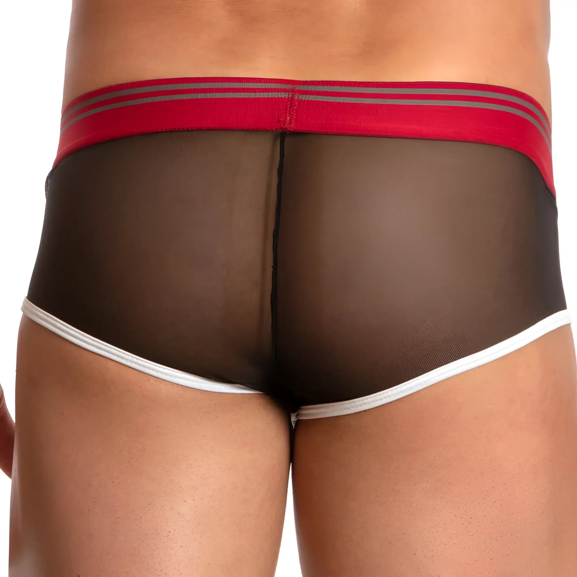 Pistol pete ppg032 sheer trunk black mesh briefs with red waistband gray stripes and white trim on leg openings