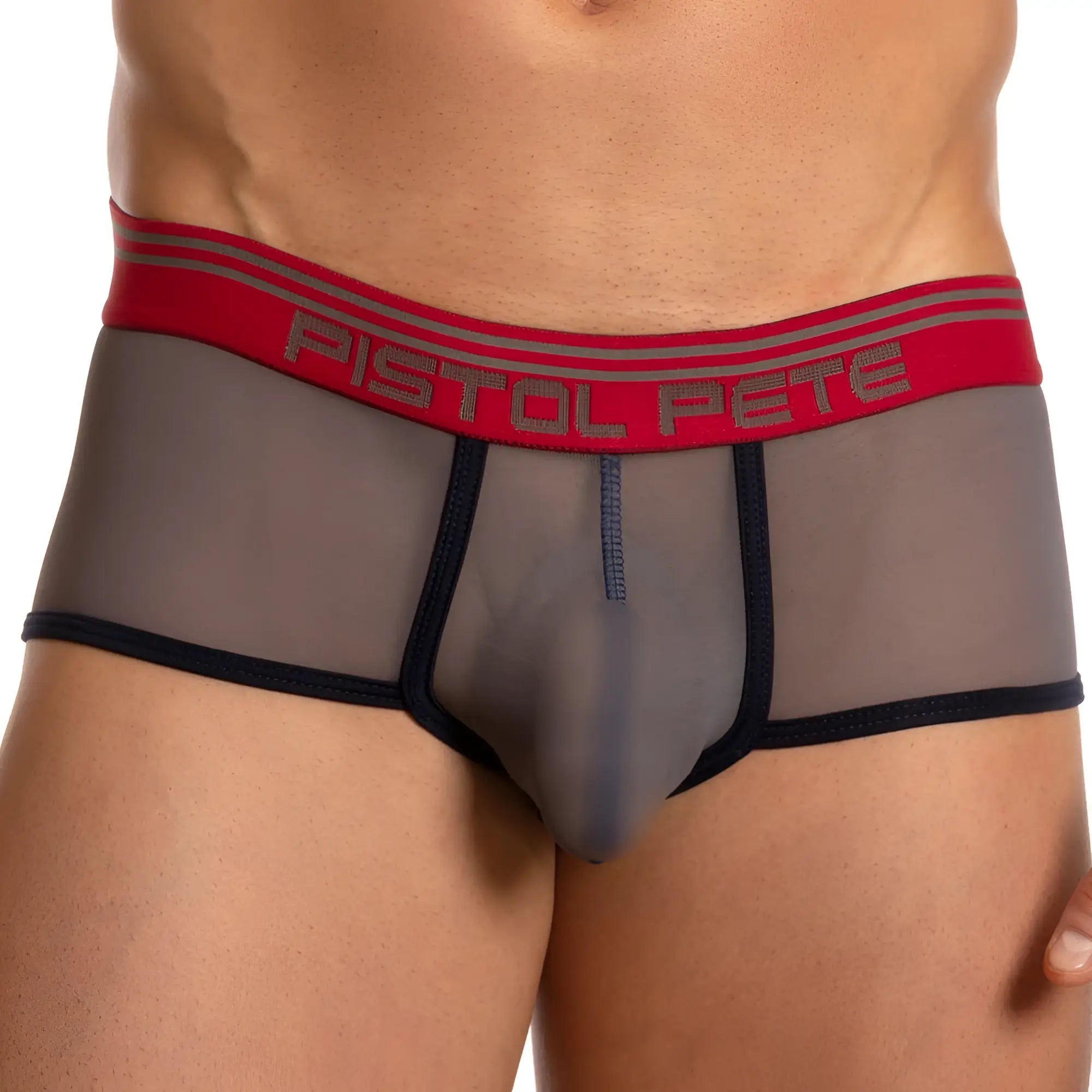 Gray mesh men’s sheer trunk underwear with red waistband pistol pete logo and black trim pistol pete ppg032