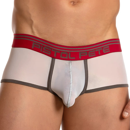 Pistol pete PPG032 sheer trunk men’s underwear with red waistband gray lettering and gray side trim