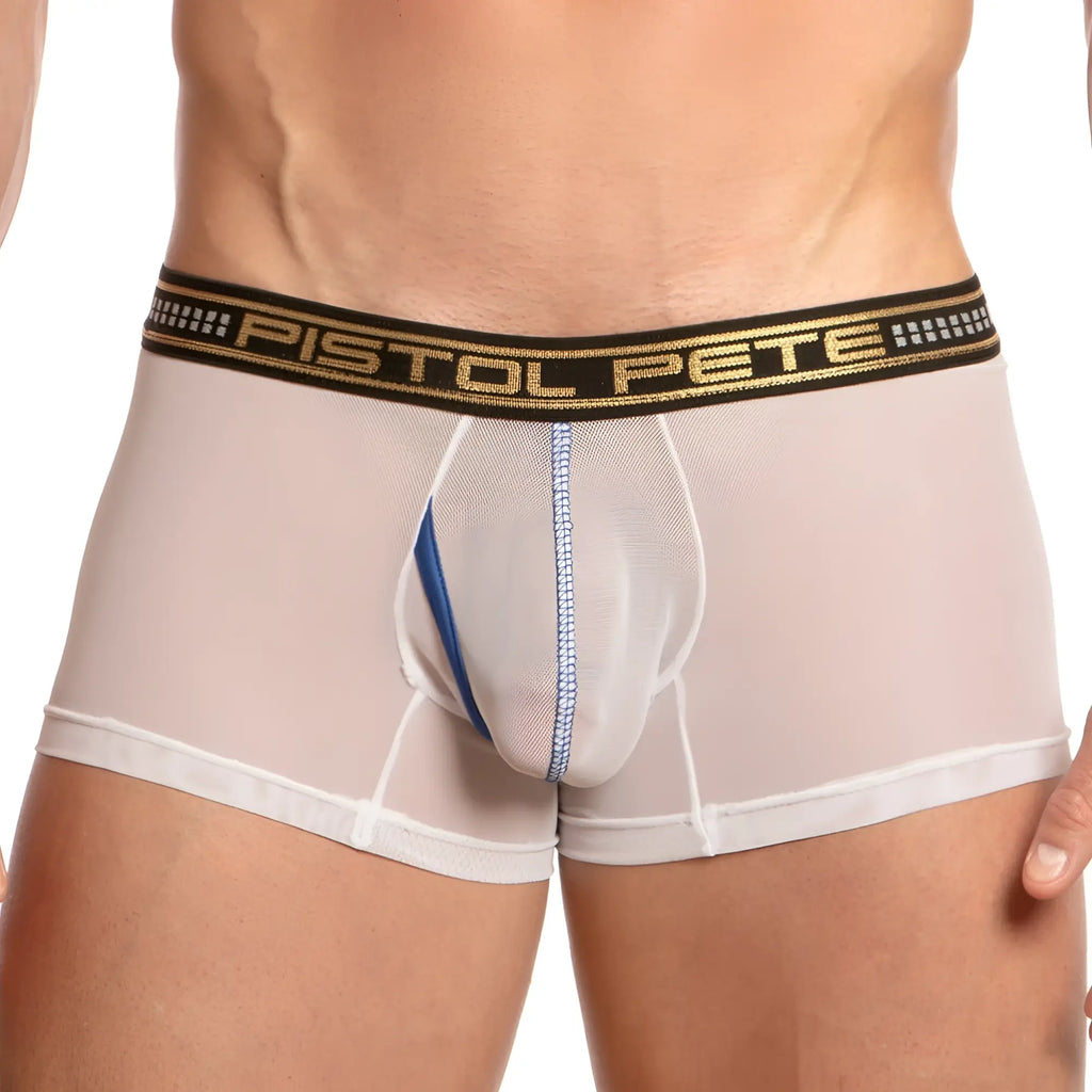 Pistol pete ppg033 boxer trunk men’s transparent mesh briefs with black and gold waistband featuring pistol pete logo