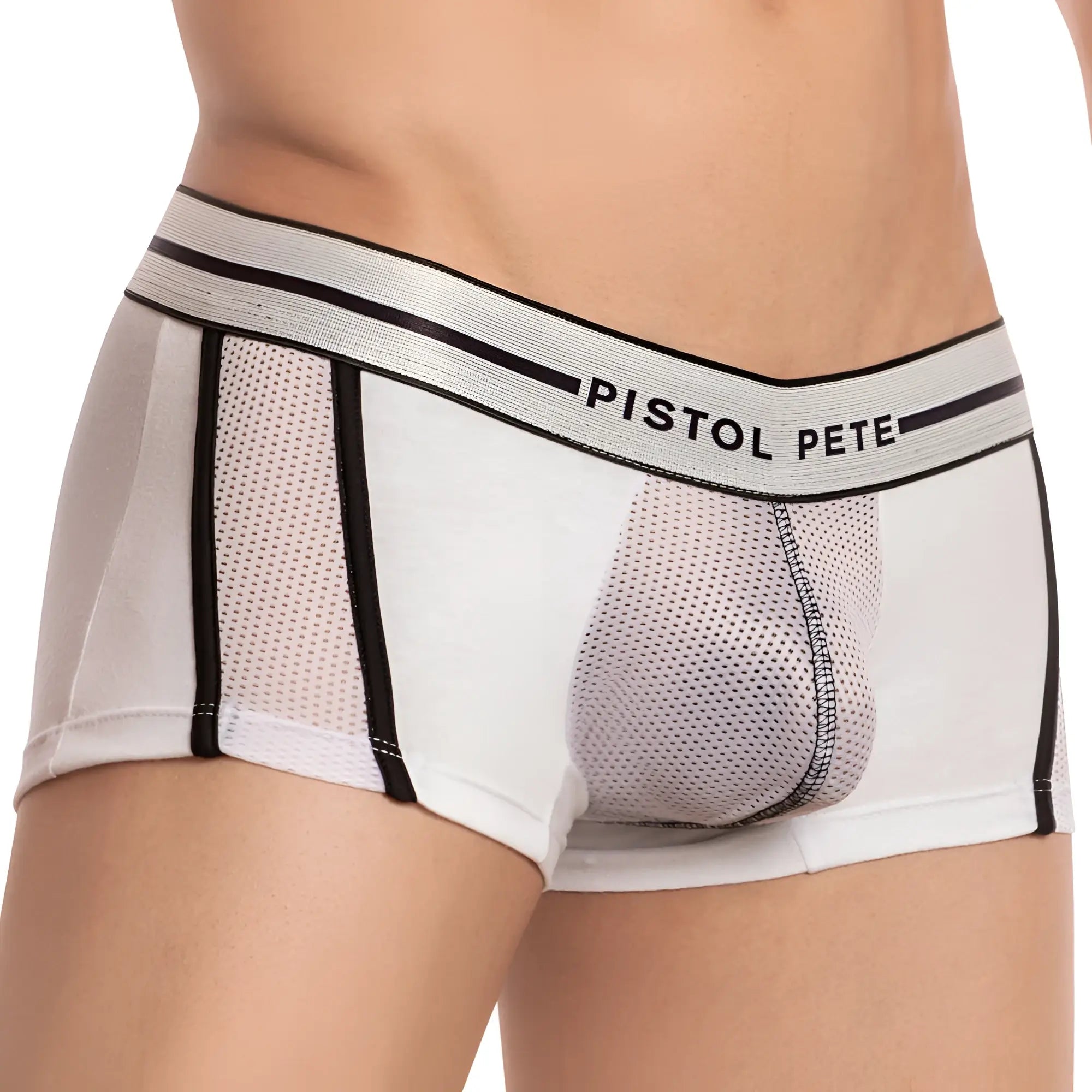 Pistol Pete PPG035 boxer trunk in white and black mesh trimmed fabric with a silver waistband and brand name